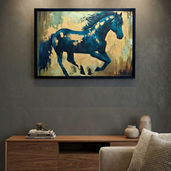Majestic Stride - Teal Horse on Gold Leaf Background