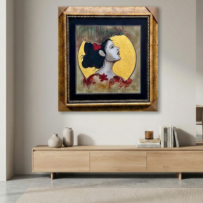 Golden Gaze - Framed Female Portrait with Red Floral Accents