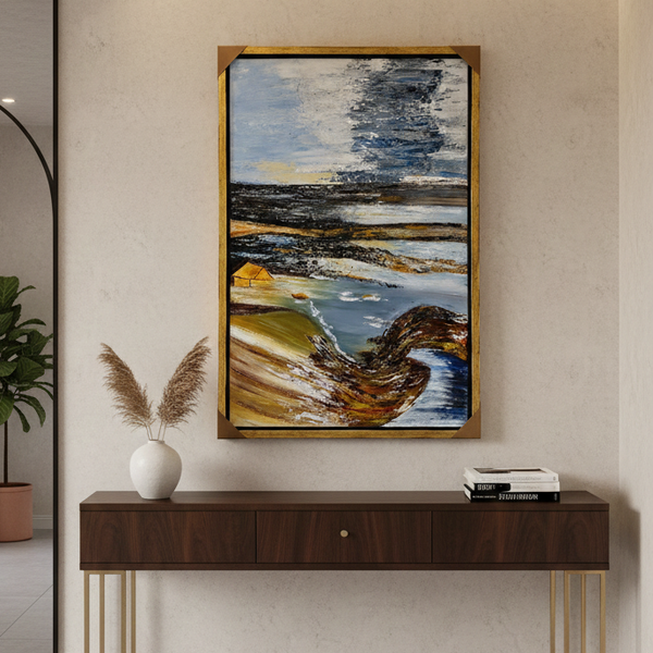 Windswept Shore - Abstract Blue & Ochre Seascape in Gold Frame