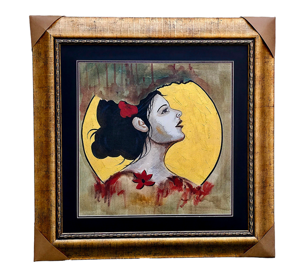 Golden Gaze - Framed Female Portrait with Red Floral Accents