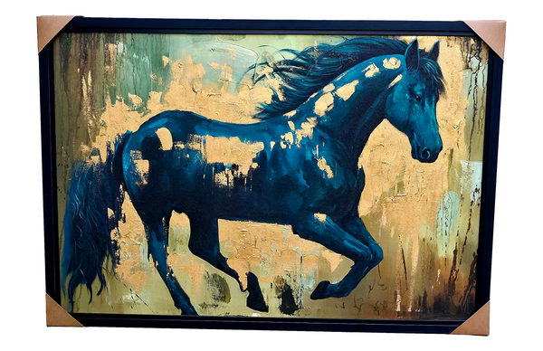Majestic Stride - Teal Horse on Gold Leaf Background