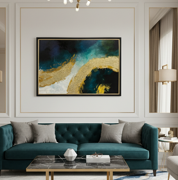 Midnight Tide - Emerald & Gold Abstract Art
